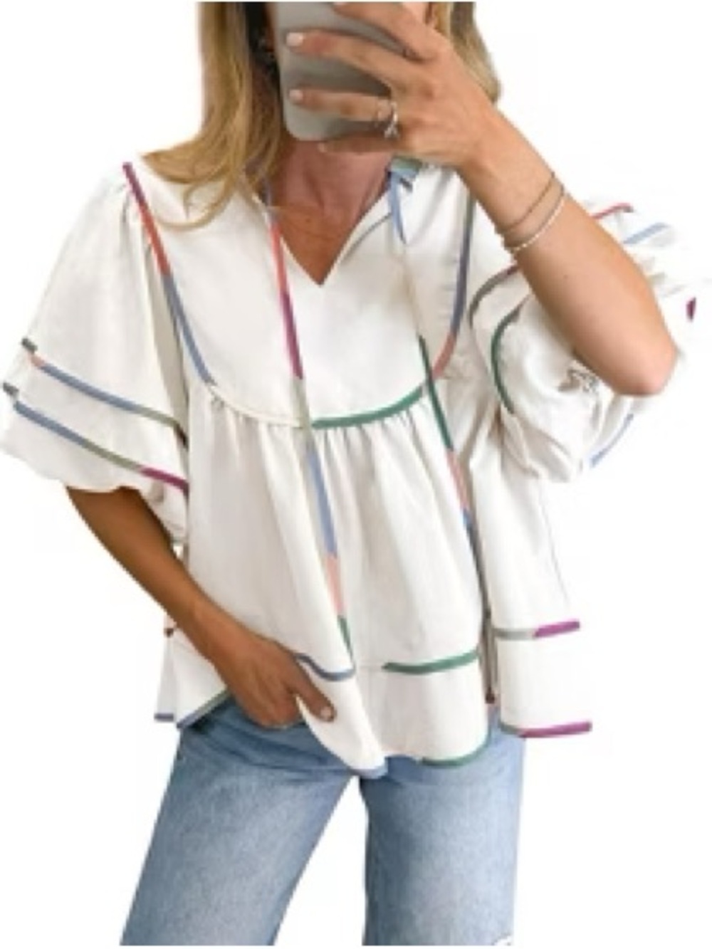 CICY BELL Peasant Blouse w Multi-Color Trim